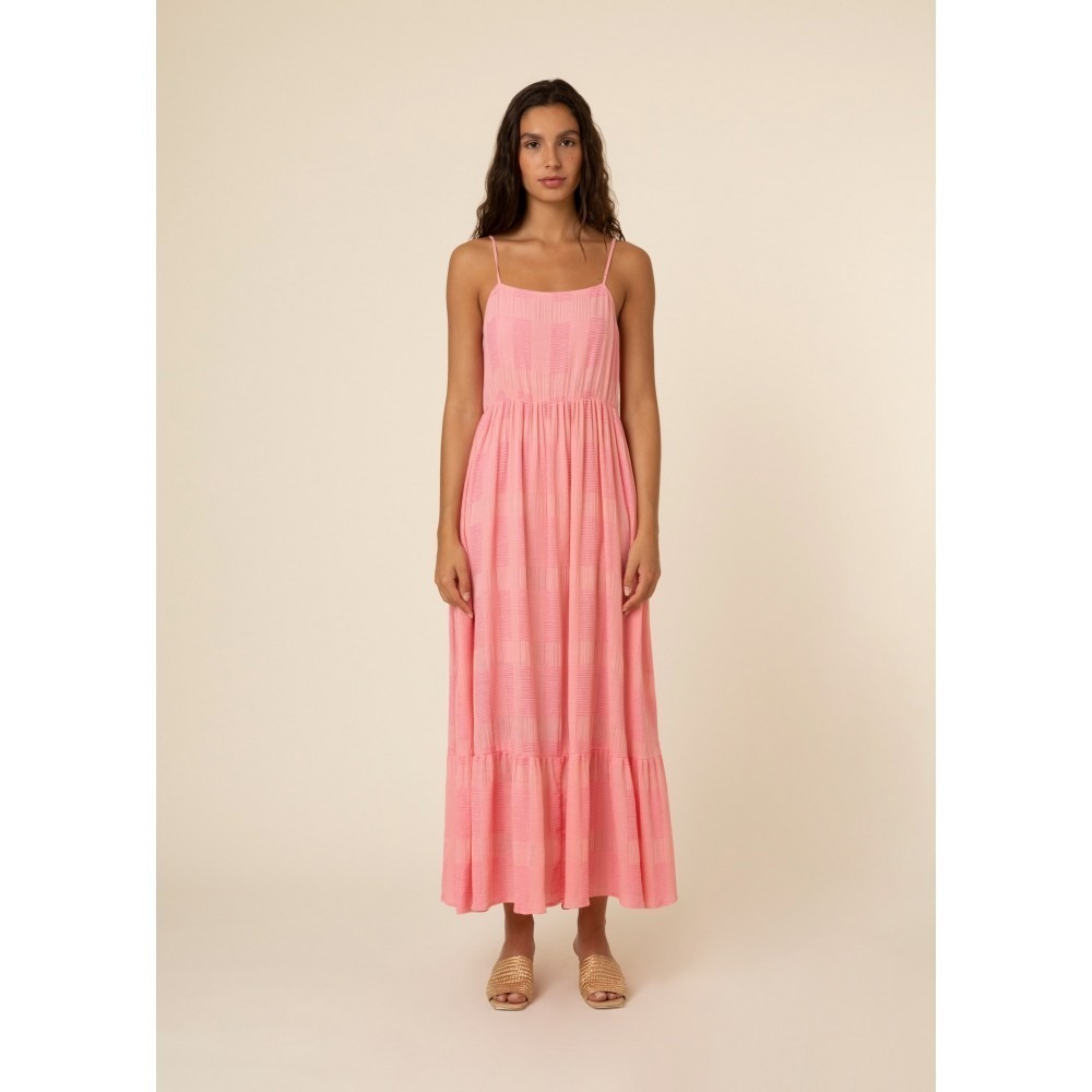 FRNCH Paris Textured Tiered Maxi Dress Pink Sleeveless Square Neck Size S
